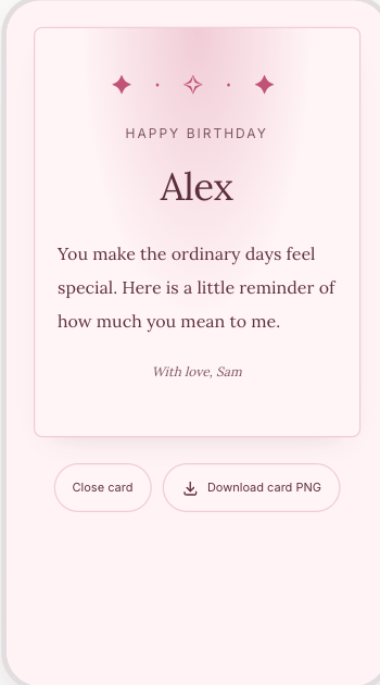 An online birthday card for Alex with a message and PNG download control