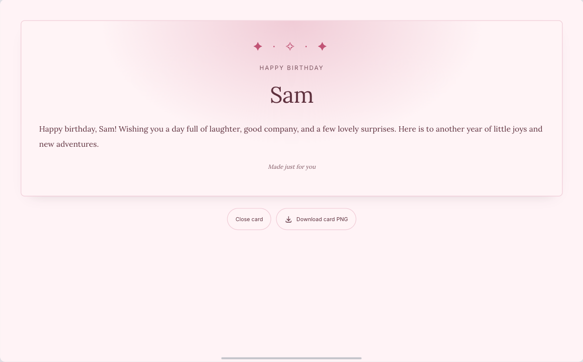 A birthday card for Sam with a personal wish and download button