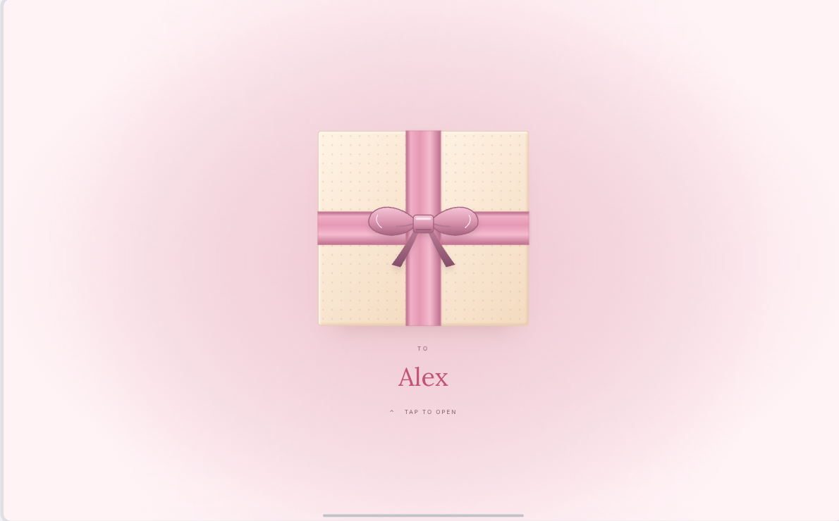 A ribbon-wrapped birthday surprise addressed to Alex