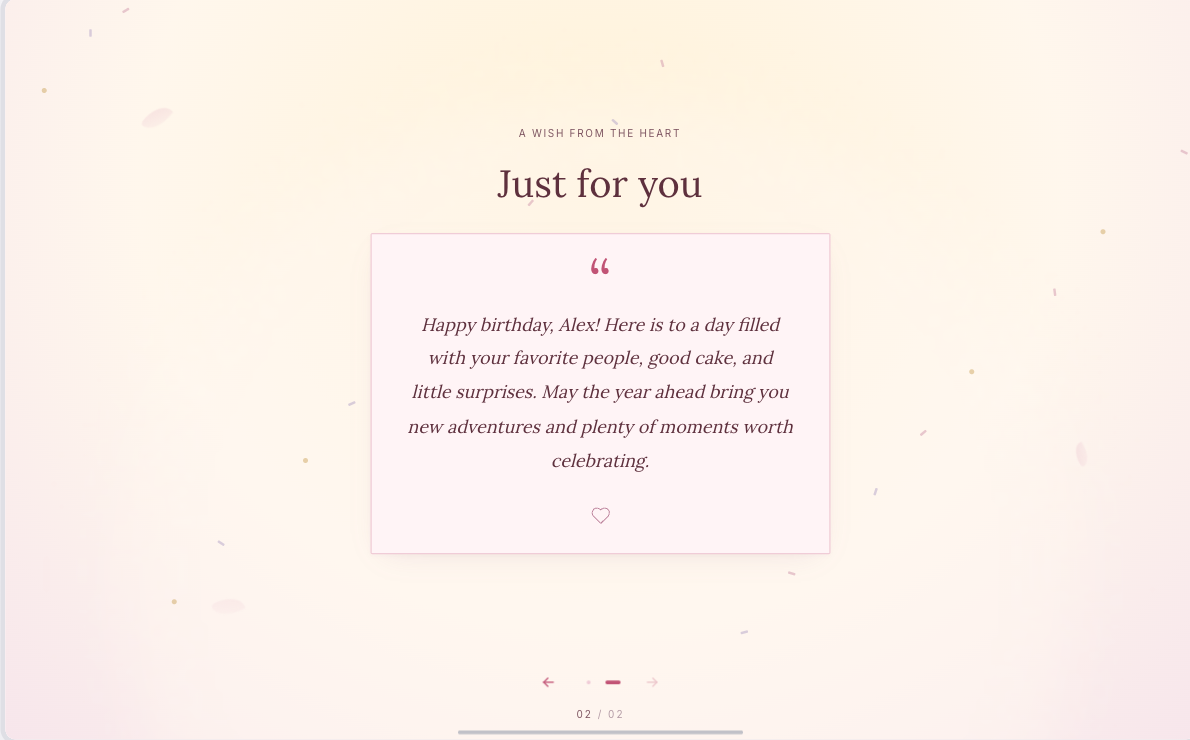A birthday message to Alex inside the paginated birthday website