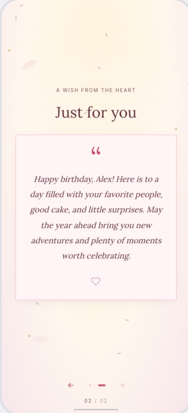 A birthday wish for Alex displayed in the mobile birthday reader