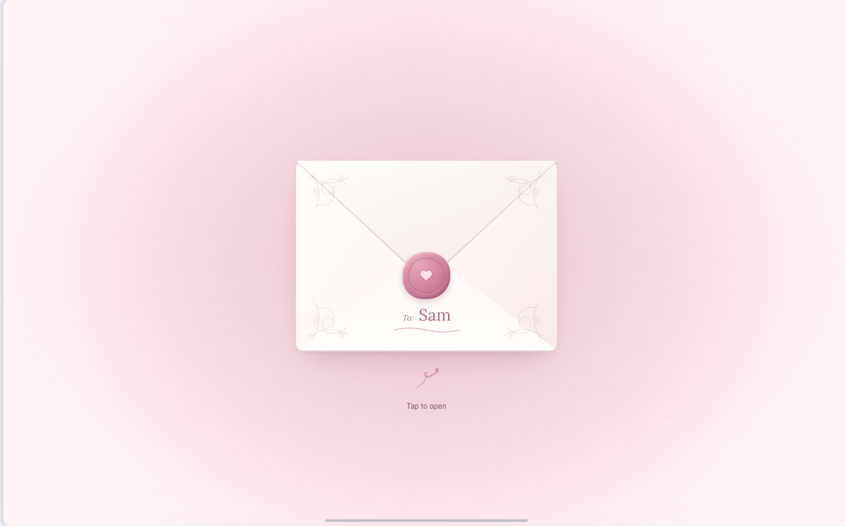 A pink sealed envelope addressed to Sam in the digital letter preview
