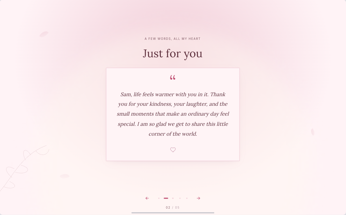 A digital love letter to Sam with a personal message and page navigation