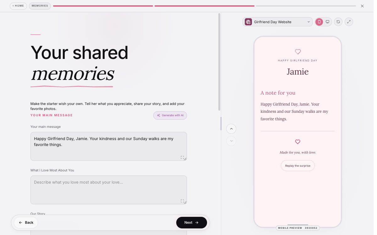 Girlfriend Day Website editor showing the personal message and recipient preview