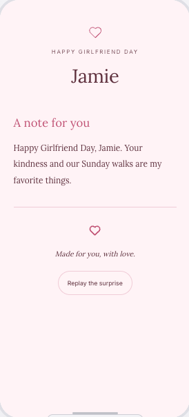 Girlfriend Day Website preview with a personal message
