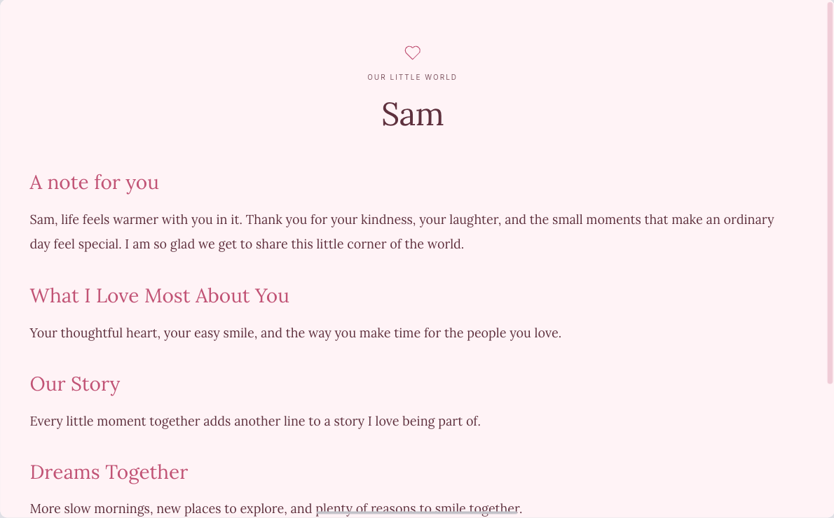 A scrolling love website for Sam with a personal note and story sections