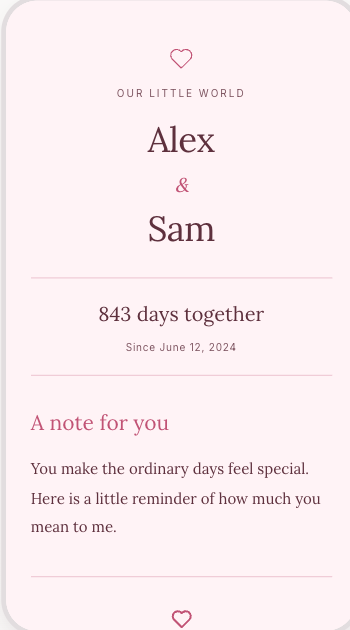 A mobile love website for Alex and Sam showing their date and days together