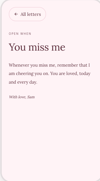 An opened You miss me letter with a personal message and return control