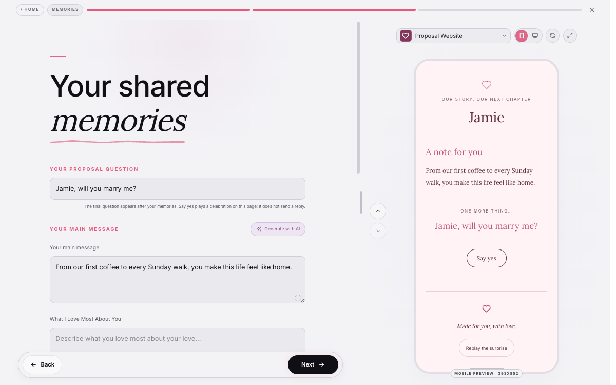 Proposal Website editor showing the personal message and recipient preview