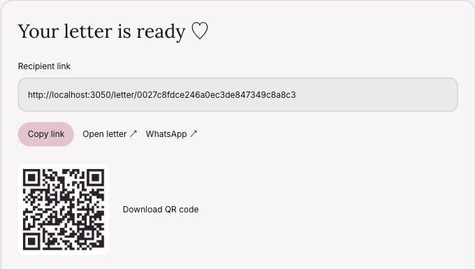 A saved sample letter with its recipient link, sharing controls and downloadable QR code